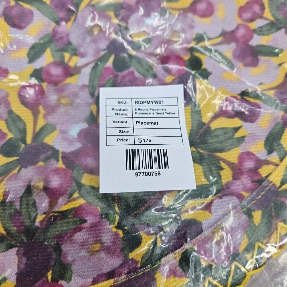 New Sophie Williamson Designs SWD 6 Round Placemats Romance is Dead Yellow